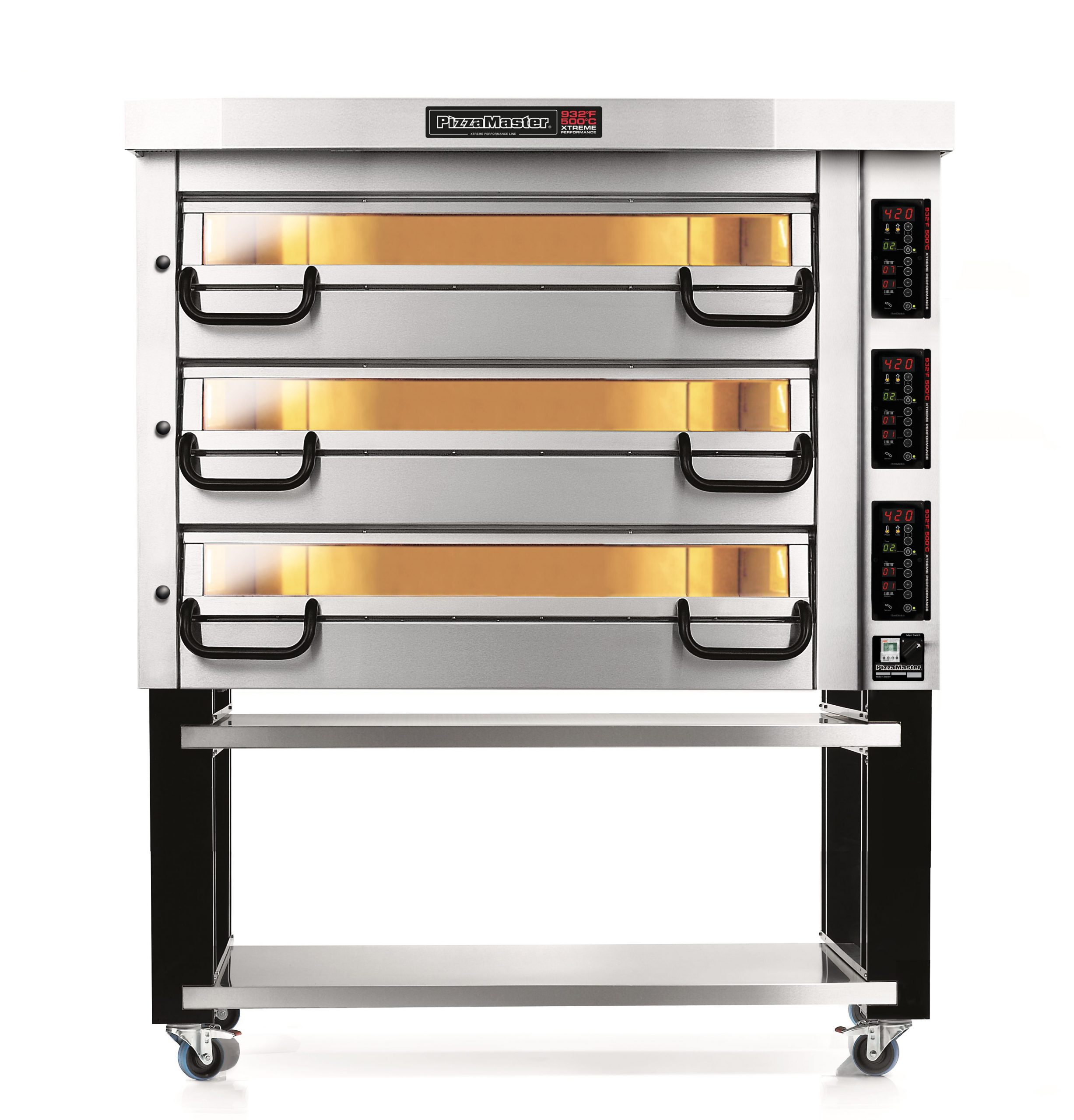 italian pizza oven with stainless steel body and black legs 